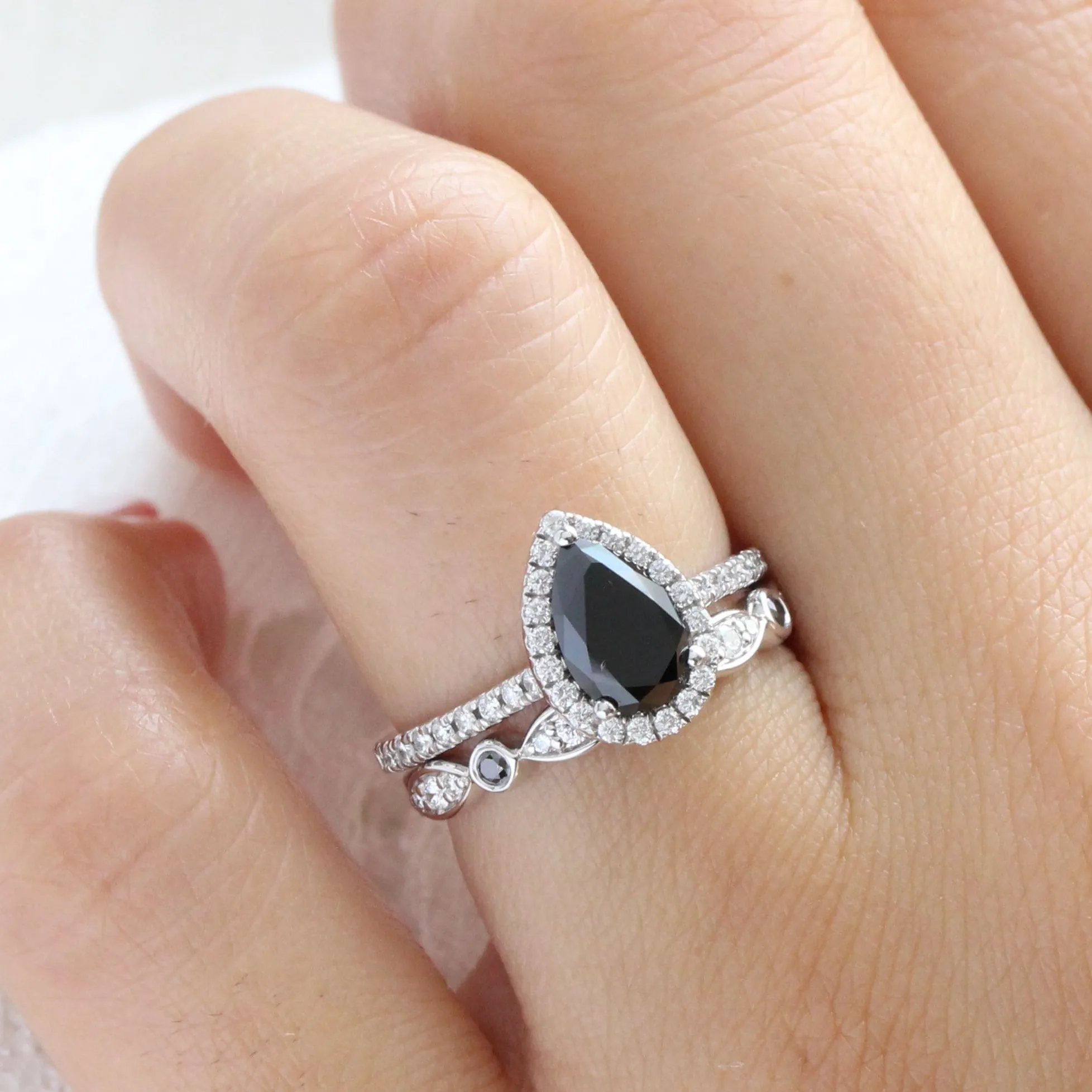 Luna Halo Pear Black Diamond Ring Set w/ Bezel Black and White Diamond Band