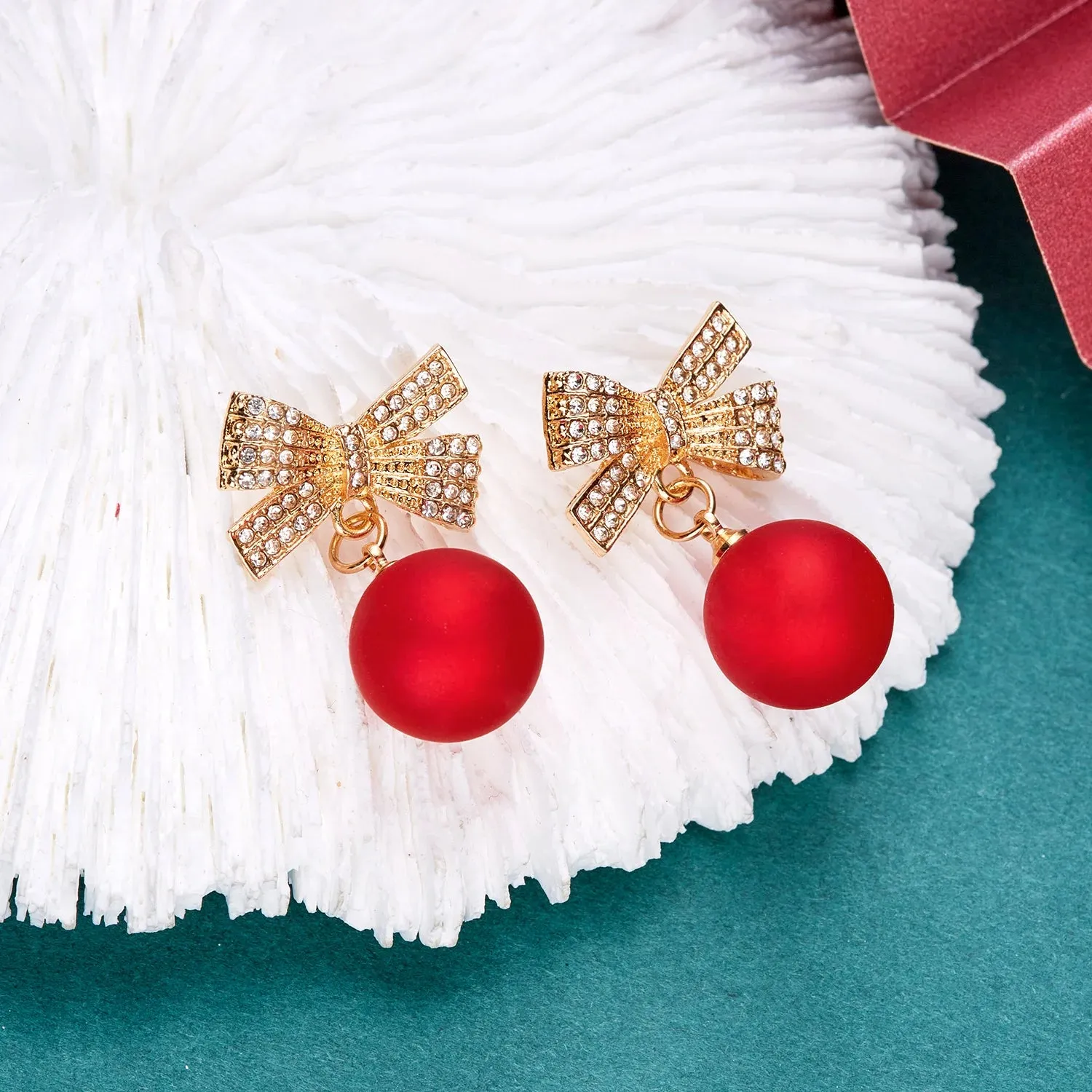 Luxury Gold Color Zircon Bowknot Stud Earrings For Women Pearl Cherries Fruit Red Festive Earring Girls Christmas Jewelry Gifts