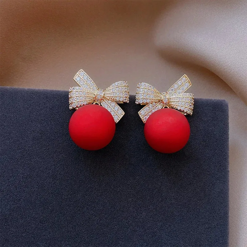 Luxury Gold Color Zircon Bowknot Stud Earrings For Women Pearl Cherries Fruit Red Festive Earring Girls Christmas Jewelry Gifts
