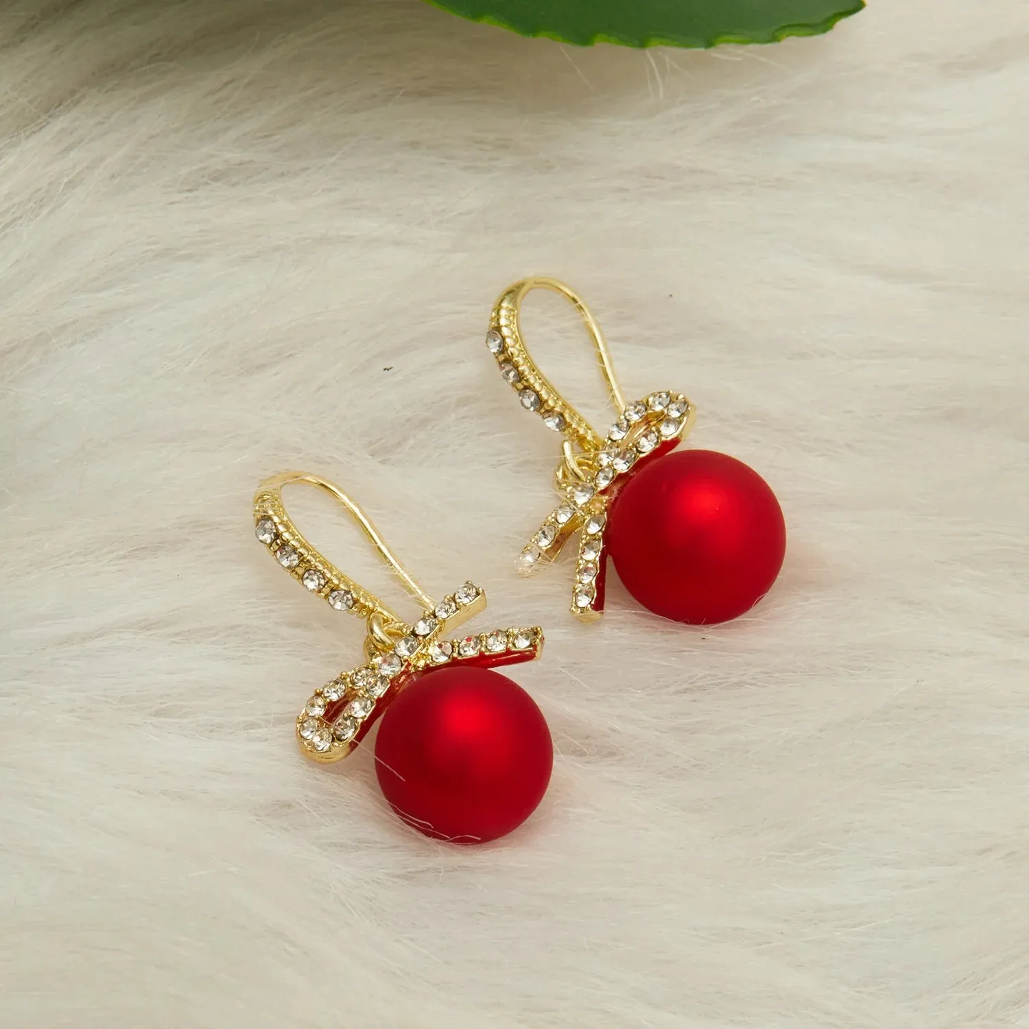 Luxury Gold Color Zircon Bowknot Stud Earrings For Women Pearl Cherries Fruit Red Festive Earring Girls Christmas Jewelry Gifts