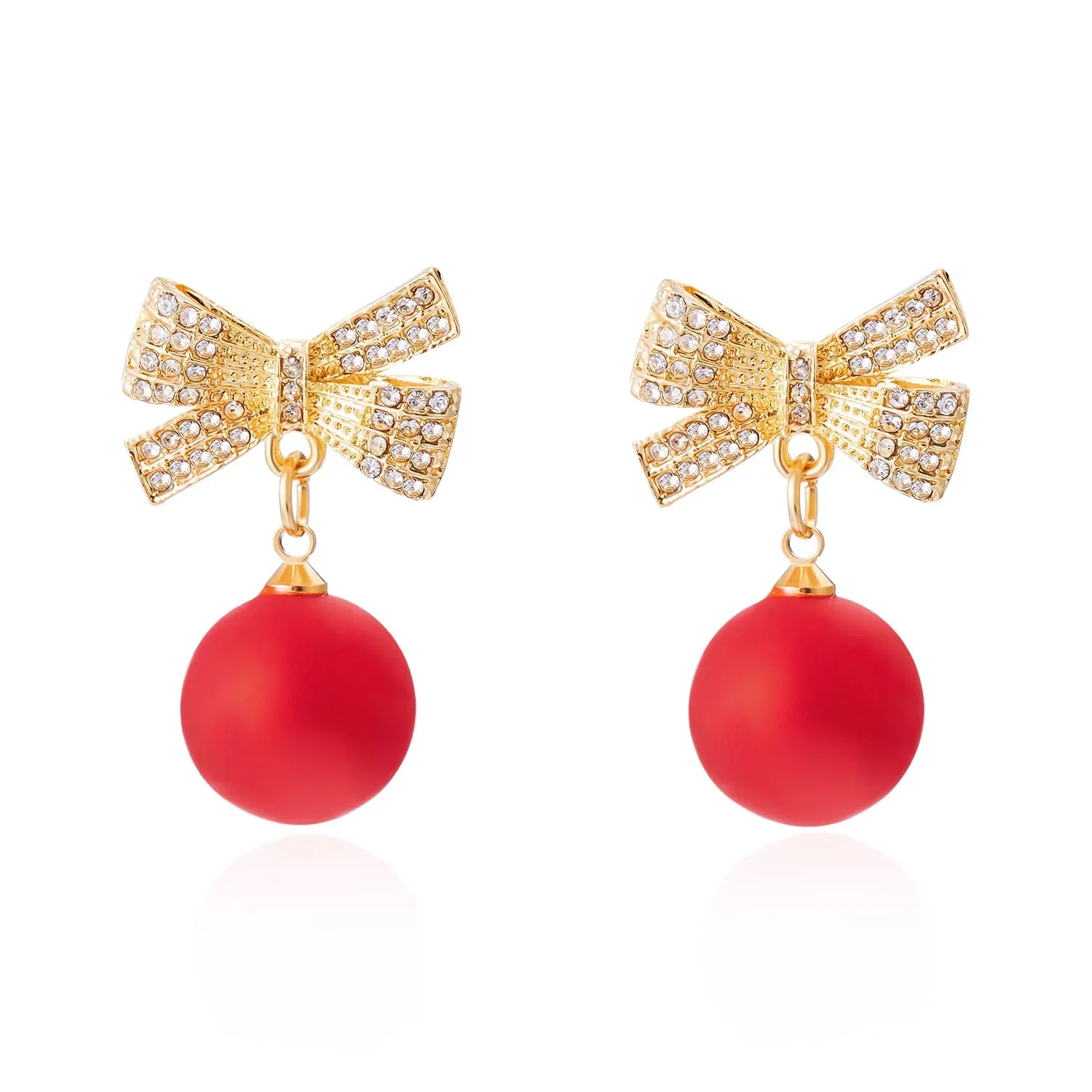 Luxury Gold Color Zircon Bowknot Stud Earrings For Women Pearl Cherries Fruit Red Festive Earring Girls Christmas Jewelry Gifts