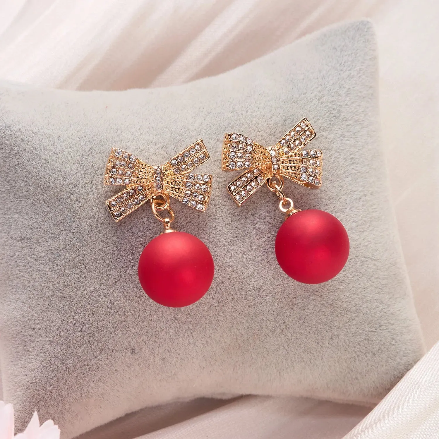 Luxury Gold Color Zircon Bowknot Stud Earrings For Women Pearl Cherries Fruit Red Festive Earring Girls Christmas Jewelry Gifts