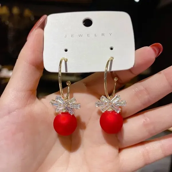Luxury Gold Color Zircon Bowknot Stud Earrings For Women Pearl Cherries Fruit Red Festive Earring Girls Christmas Jewelry Gifts