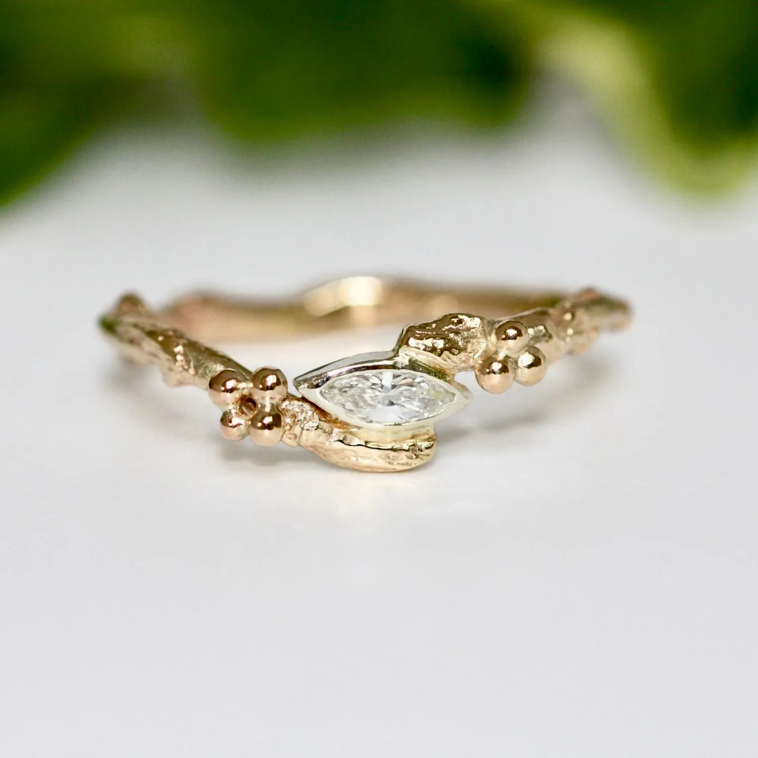 Marquise Diamond Nature Engagement Ring, Dainty Gold Twig Engagement Ring
