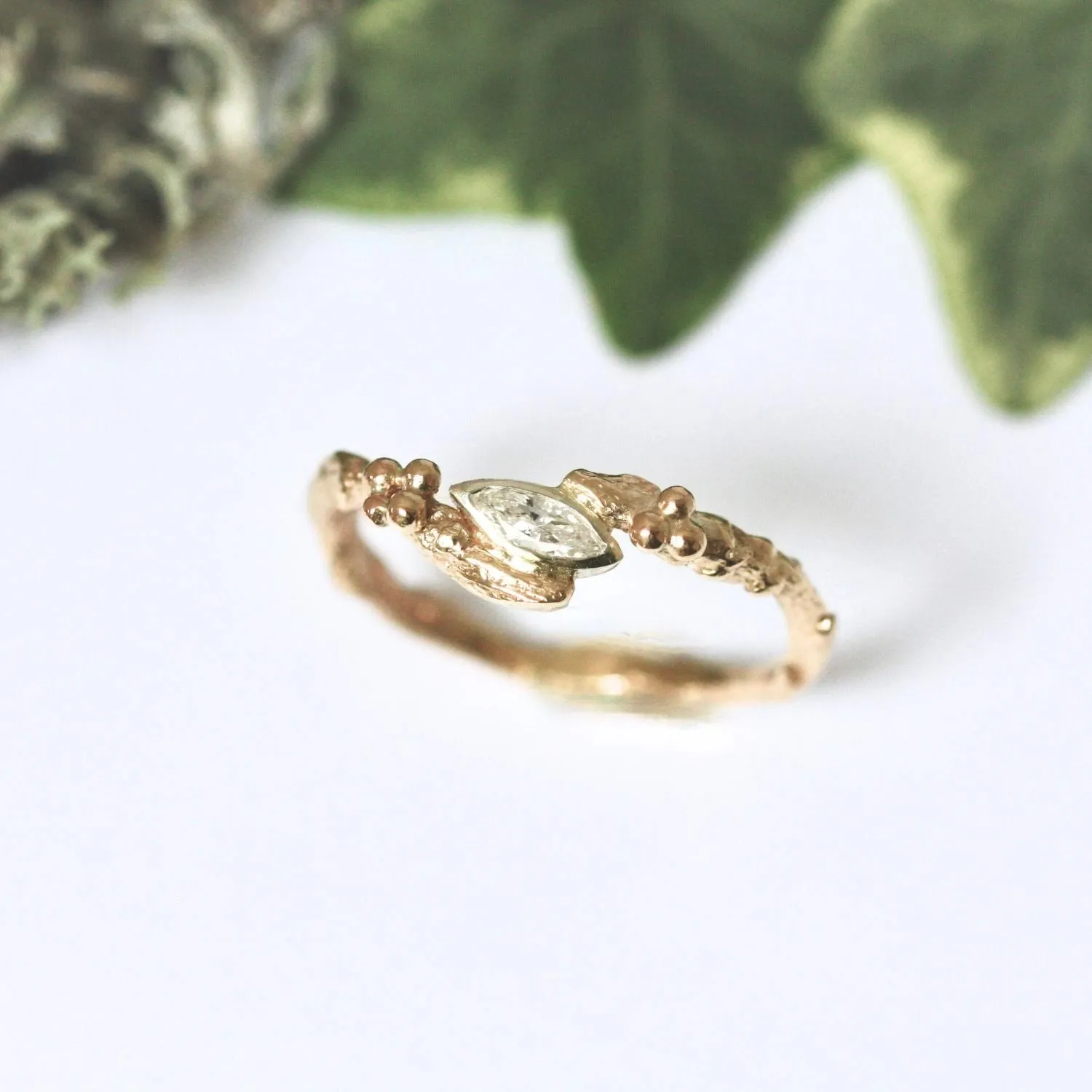 Marquise Diamond Nature Engagement Ring, Dainty Gold Twig Engagement Ring