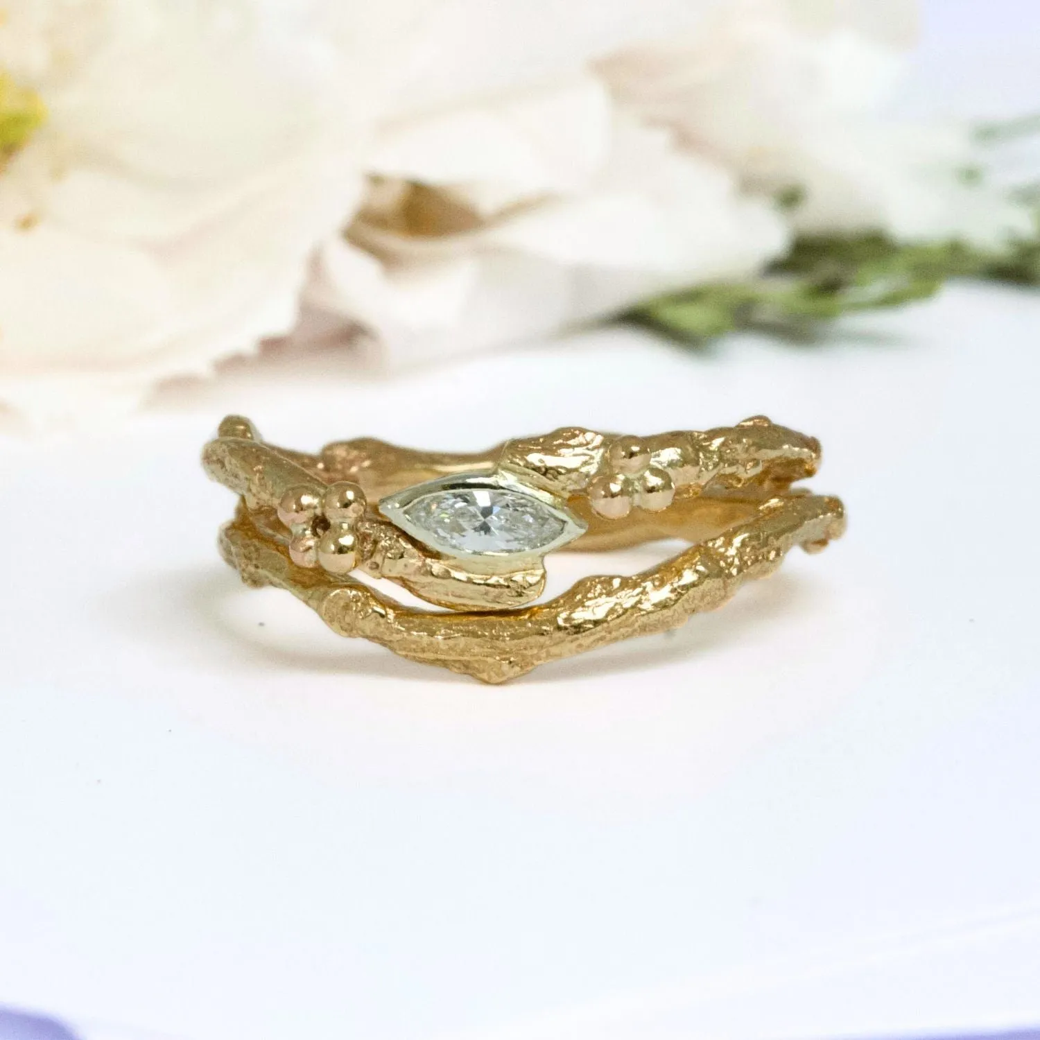 Marquise Diamond Nature Engagement Ring, Dainty Gold Twig Engagement Ring