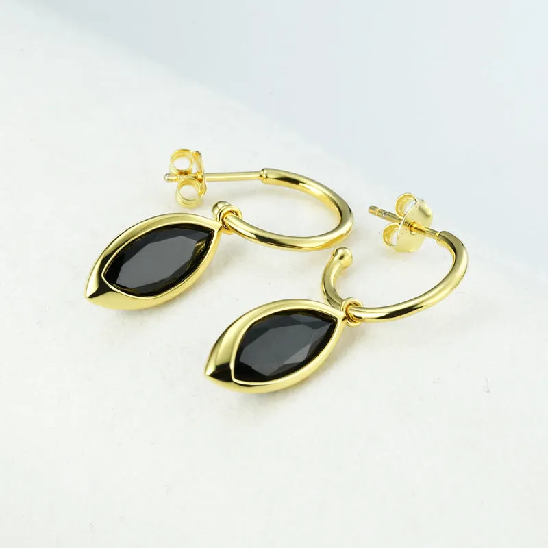 Marquise Shape Black Zircon Silver Drop Earrings for Women
