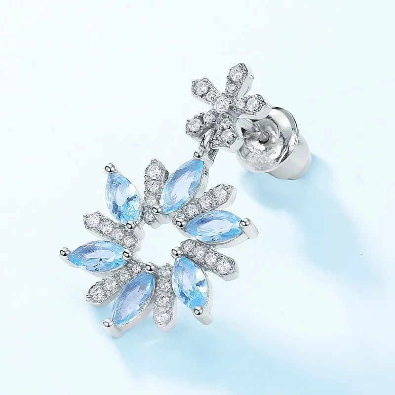 Marquise Shape Blue Zircon Snowflake Pendant Sterling Silver Drop Earrings