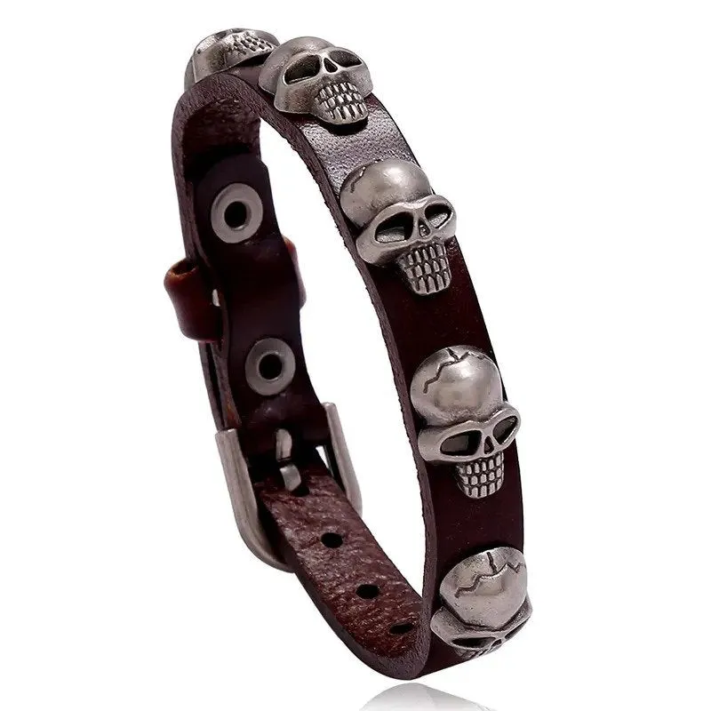 Marshal Punk Skull Leather Bracelet Hip Hop Jewelry for Men Adjustable Vintage Bracelets