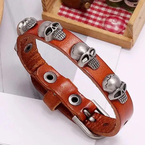 Marshal Punk Skull Leather Bracelet Hip Hop Jewelry for Men Adjustable Vintage Bracelets