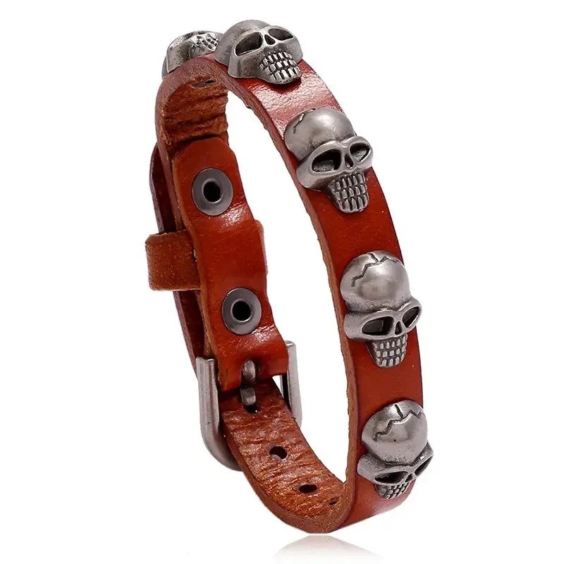 Marshal Punk Skull Leather Bracelet Hip Hop Jewelry for Men Adjustable Vintage Bracelets