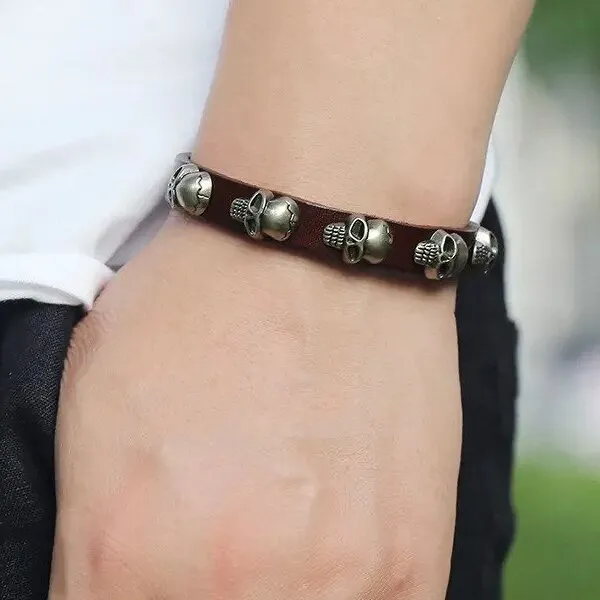 Marshal Punk Skull Leather Bracelet Hip Hop Jewelry for Men Adjustable Vintage Bracelets