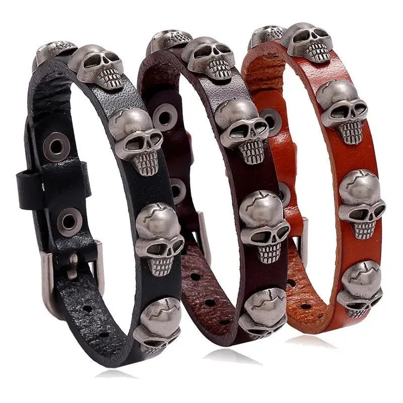 Marshal Punk Skull Leather Bracelet Hip Hop Jewelry for Men Adjustable Vintage Bracelets