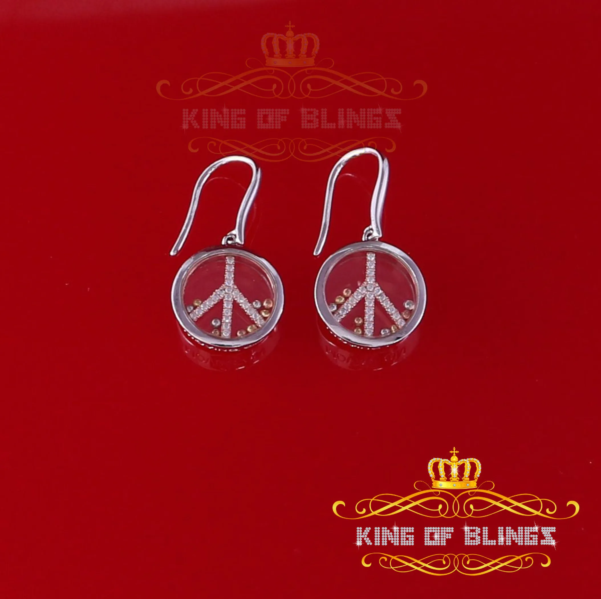Men's 14K white Gold Hip Hop Iced Round dangling 925 Sterling Silver Earrings