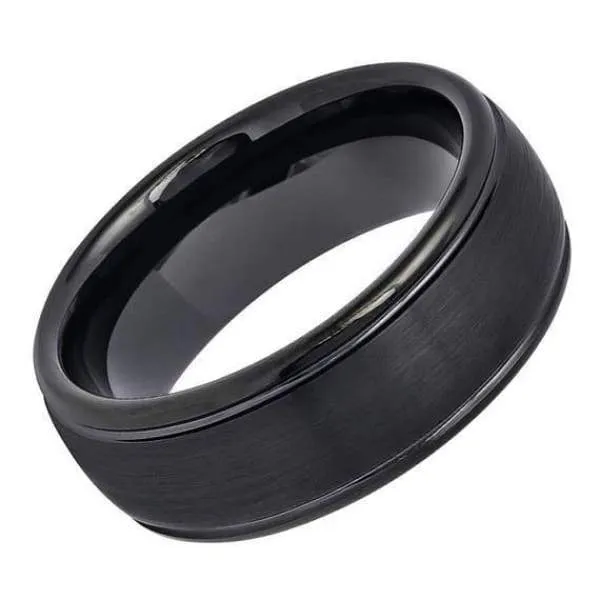 Men's Black Tungsten Wedding Ring Brushed Center High Polished Stepped Edges - 8mm