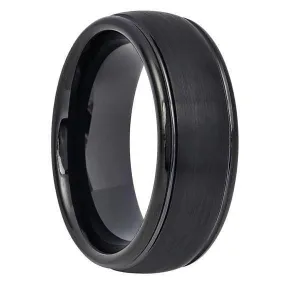 Men's Black Tungsten Wedding Ring Brushed Center High Polished Stepped Edges - 8mm