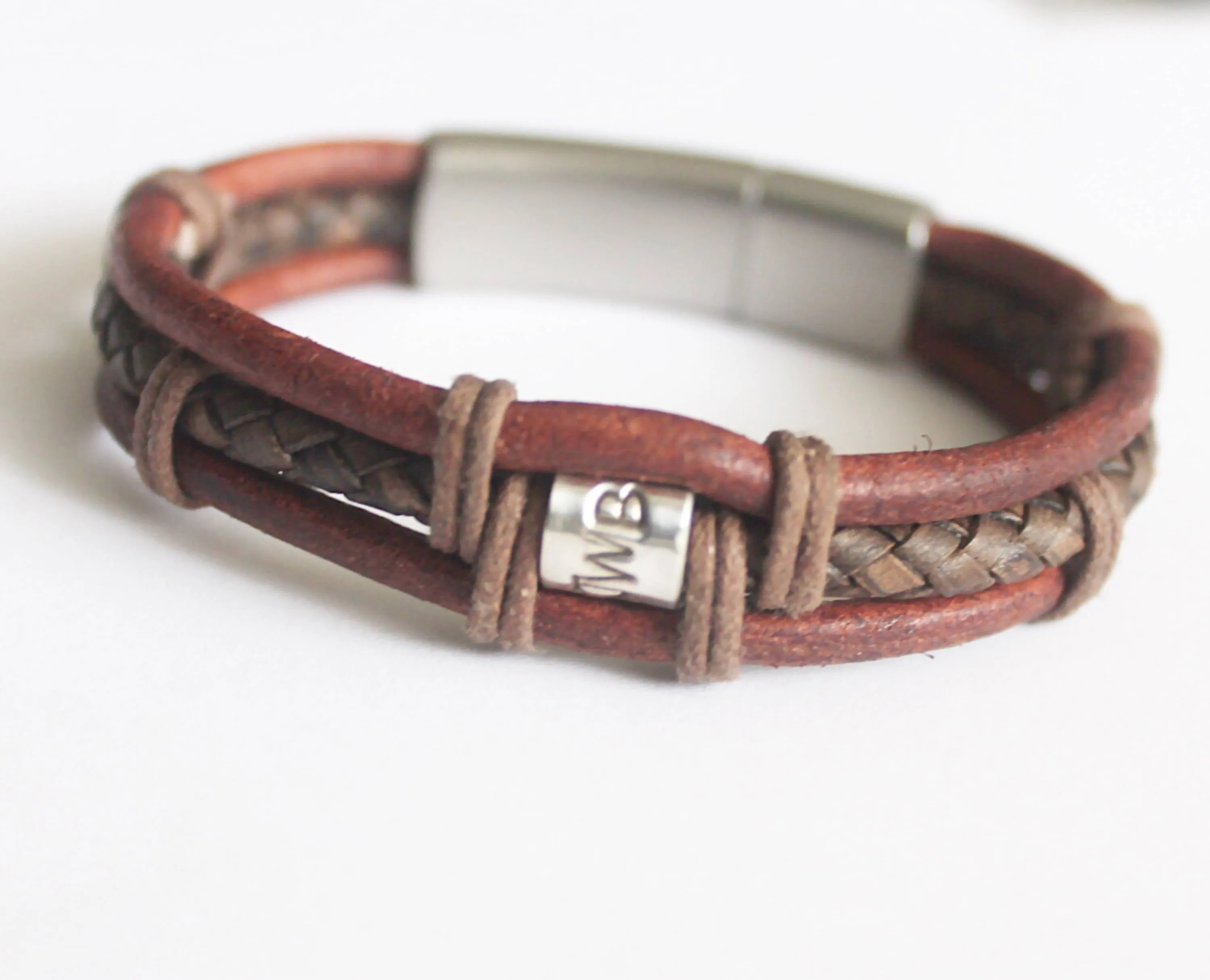 Men's Triple Banded Leather Bracelet with Custom Silver Bead