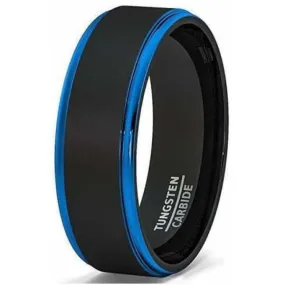 Men's Two Tone Brushed Black Tungsten Ring With Blue Stepped Edges - 8mm