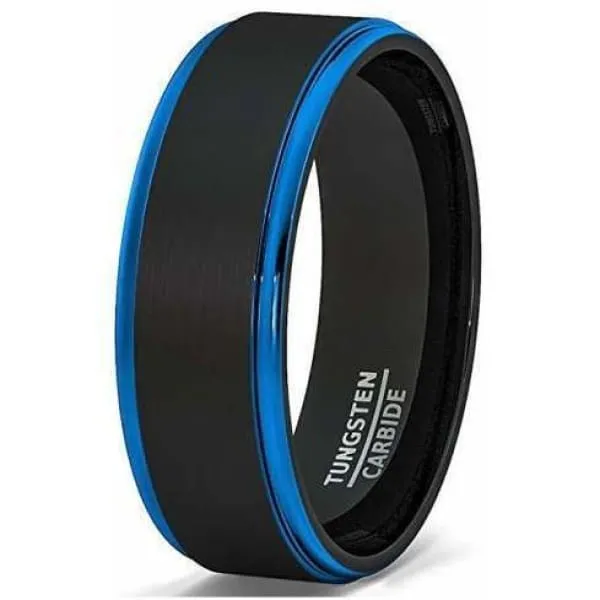 Men's Two Tone Brushed Black Tungsten Ring With Blue Stepped Edges - 8mm