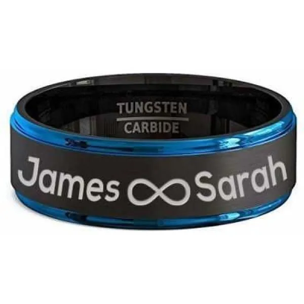 Men's Two Tone Brushed Black Tungsten Ring With Blue Stepped Edges - 8mm