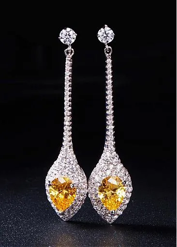 Micro Pave Zirconia Spoon Pendant with Yellow AAA Zircon Platinum Plated Stud Earrings