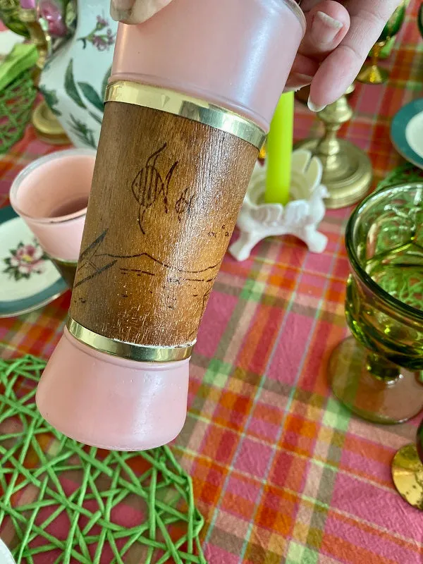 Mid Century Modern Siesta Ware Pink Glasses, Set of 2 with Wooden Motif