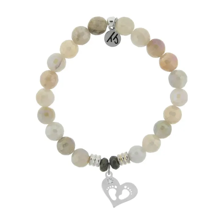 Moonstone Stone Bracelet with Baby Feet Sterling Silver Charm