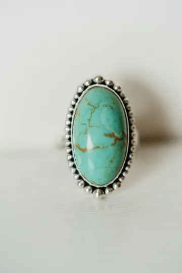Native American Elongated Oval Turquoise Southwestern Style Rings - 925 Solid Sterling Silver Ring