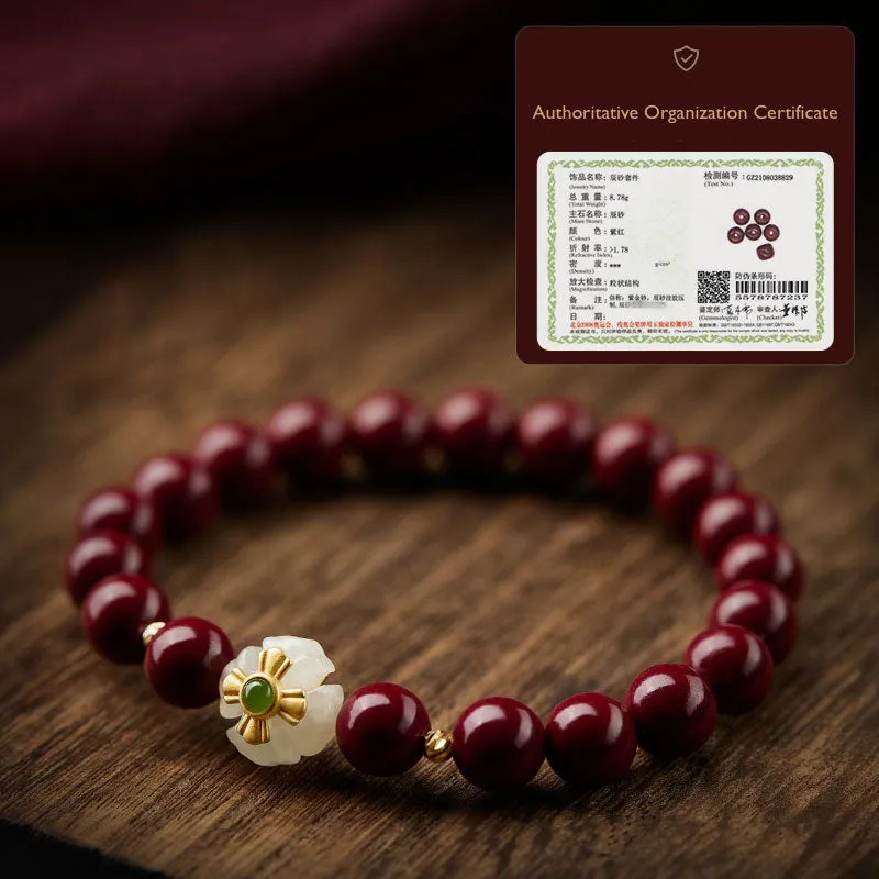 Natural Cinnabar【Bring good luck and abundance】Beaded Bracelet with Jade Carved Four-Leaf Flower