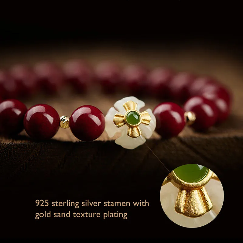 Natural Cinnabar【Bring good luck and abundance】Beaded Bracelet with Jade Carved Four-Leaf Flower
