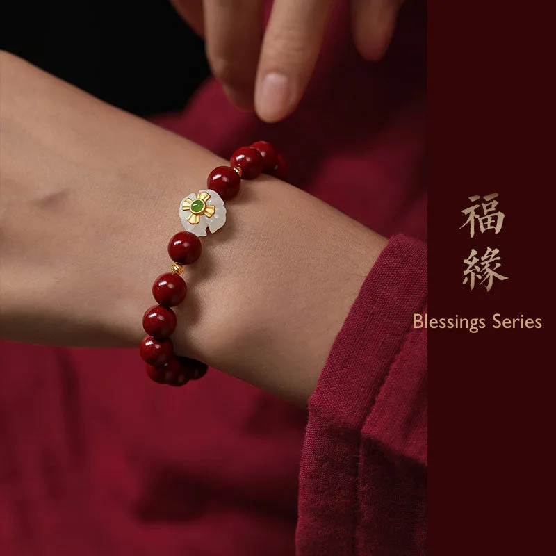 Natural Cinnabar【Bring good luck and abundance】Beaded Bracelet with Jade Carved Four-Leaf Flower