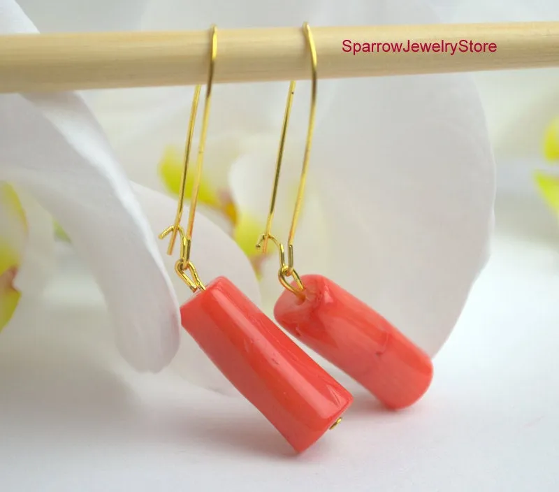 Orange coral earrings Natural salmon coral dangle drop earring Anniversary gift for girlfriend Real red coral earrings Moyher day gift idea