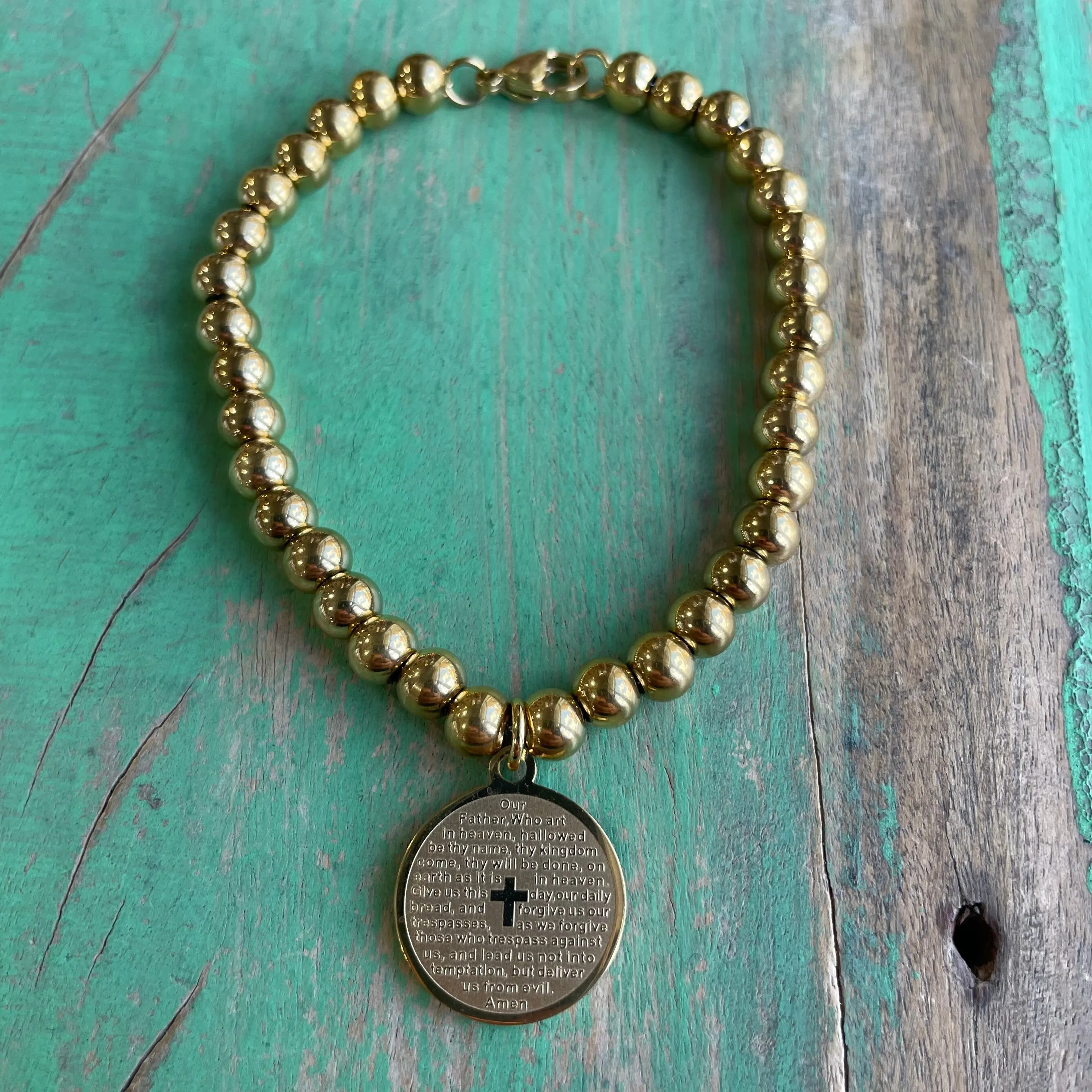 Our Father Gold Stainless Steel Ball Bracelet