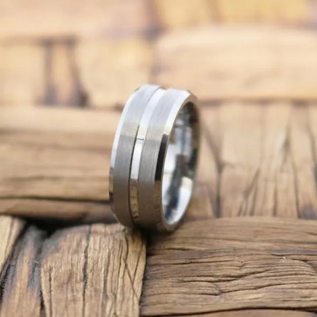 PATAGONIA | Silver Tungsten Ring, Grooved, Beveled