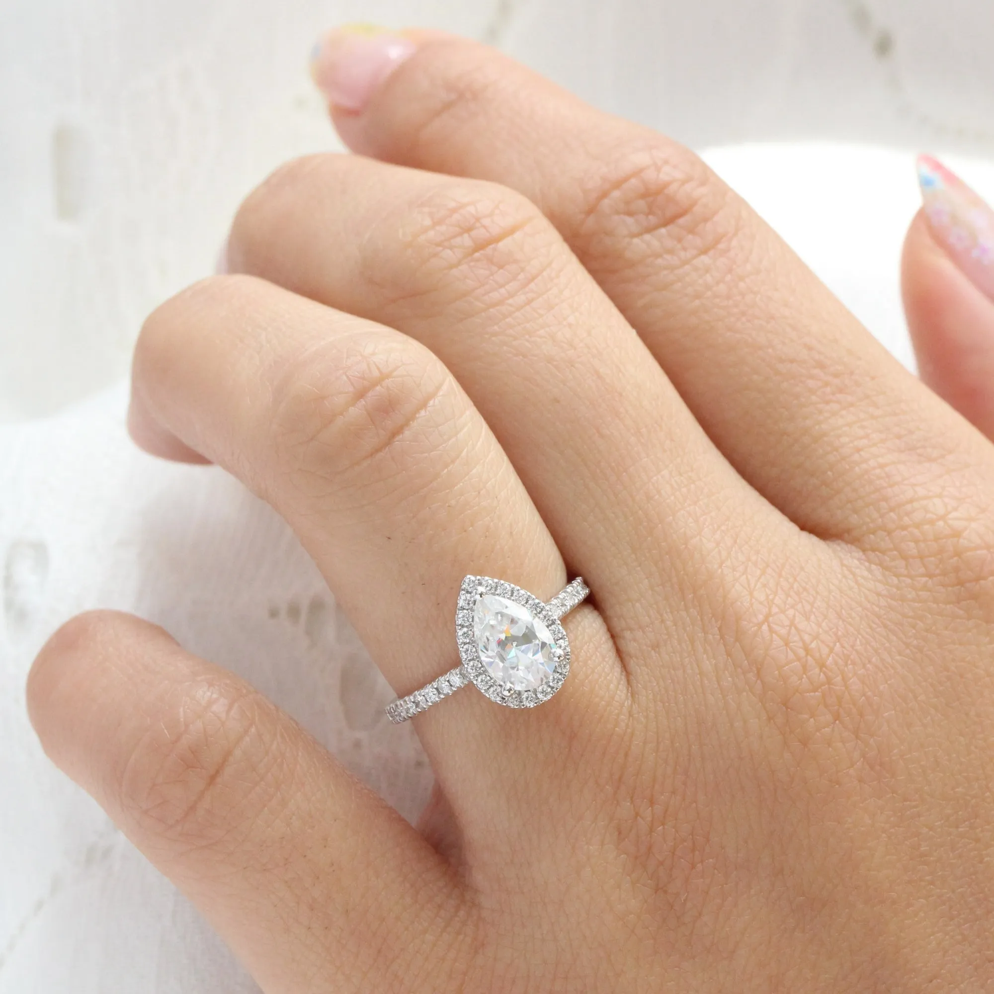 Pear Moissanite Halo Diamond Ring in 14k White Gold Pave Band, Size 6