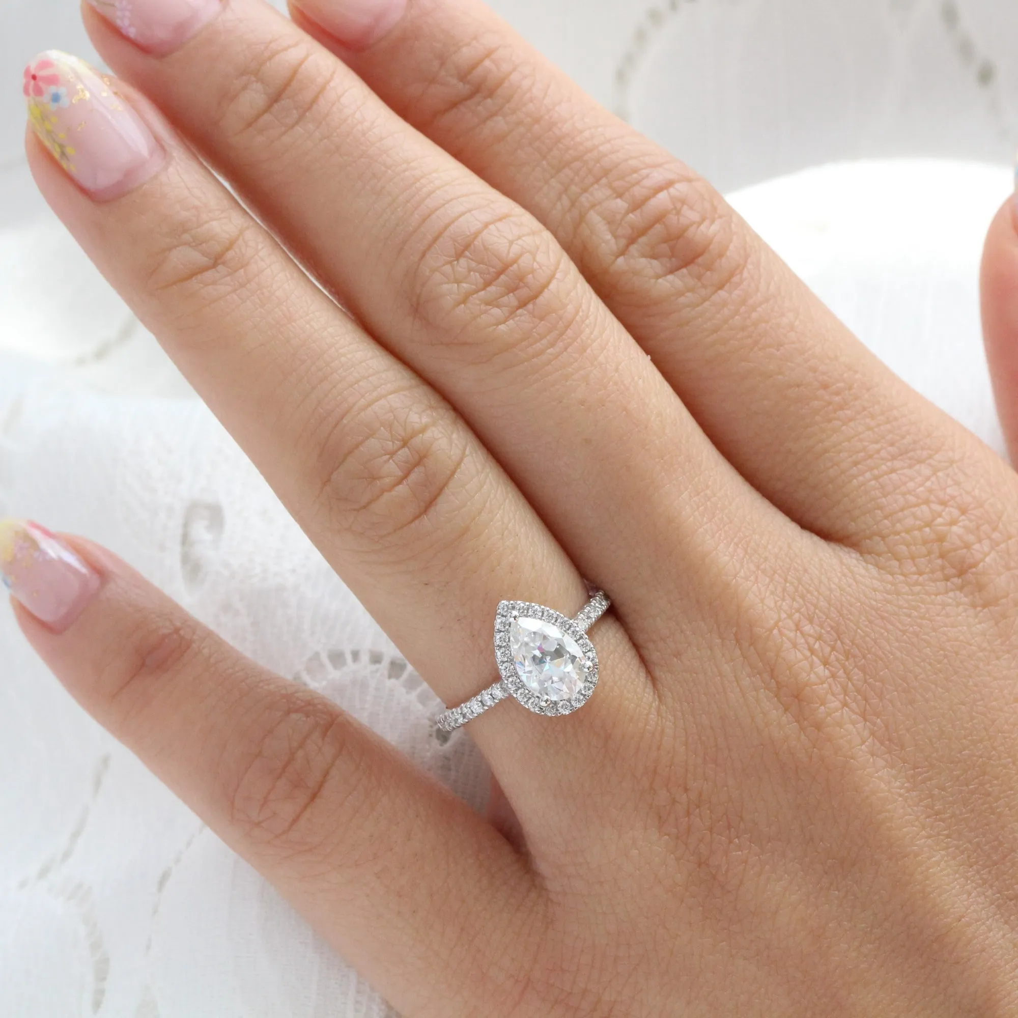 Pear Moissanite Halo Diamond Ring in 14k White Gold Pave Band, Size 6