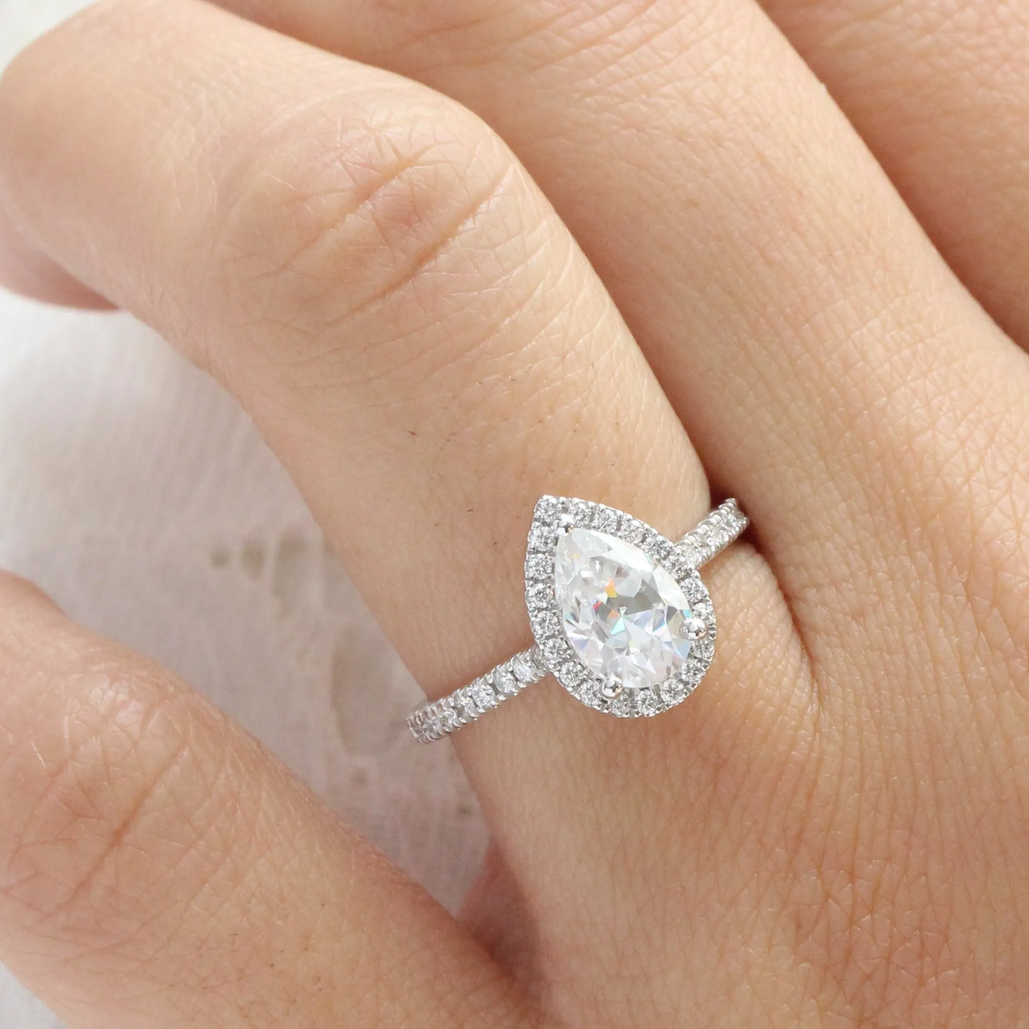 Pear Moissanite Halo Diamond Ring in 14k White Gold Pave Band, Size 6