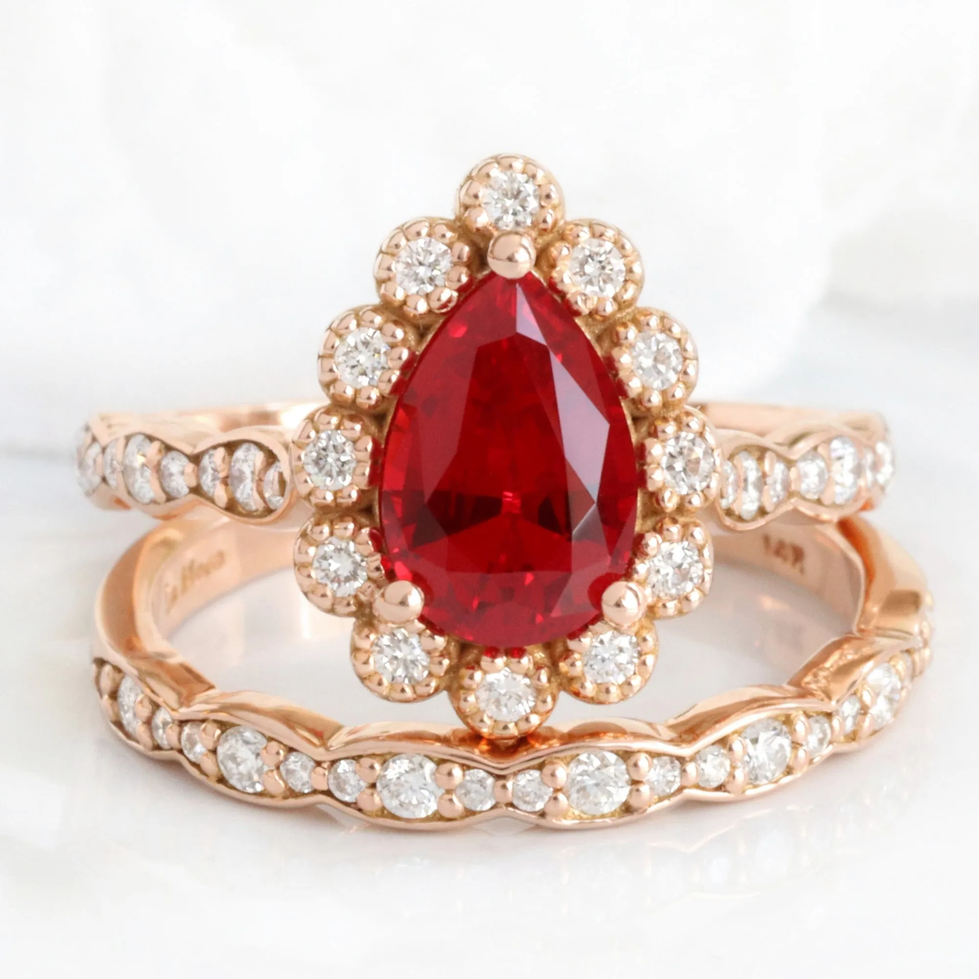 Pear Ruby Engagement Ring in Vintage Luna Halo Diamond Ring