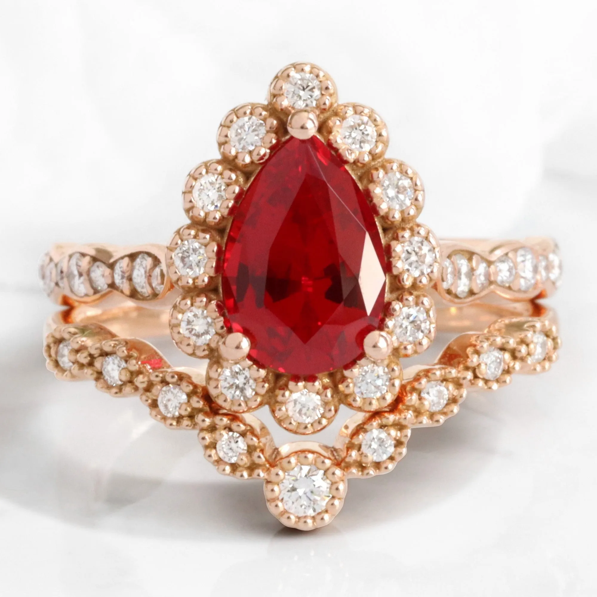 Pear Ruby Engagement Ring in Vintage Luna Halo Diamond Ring