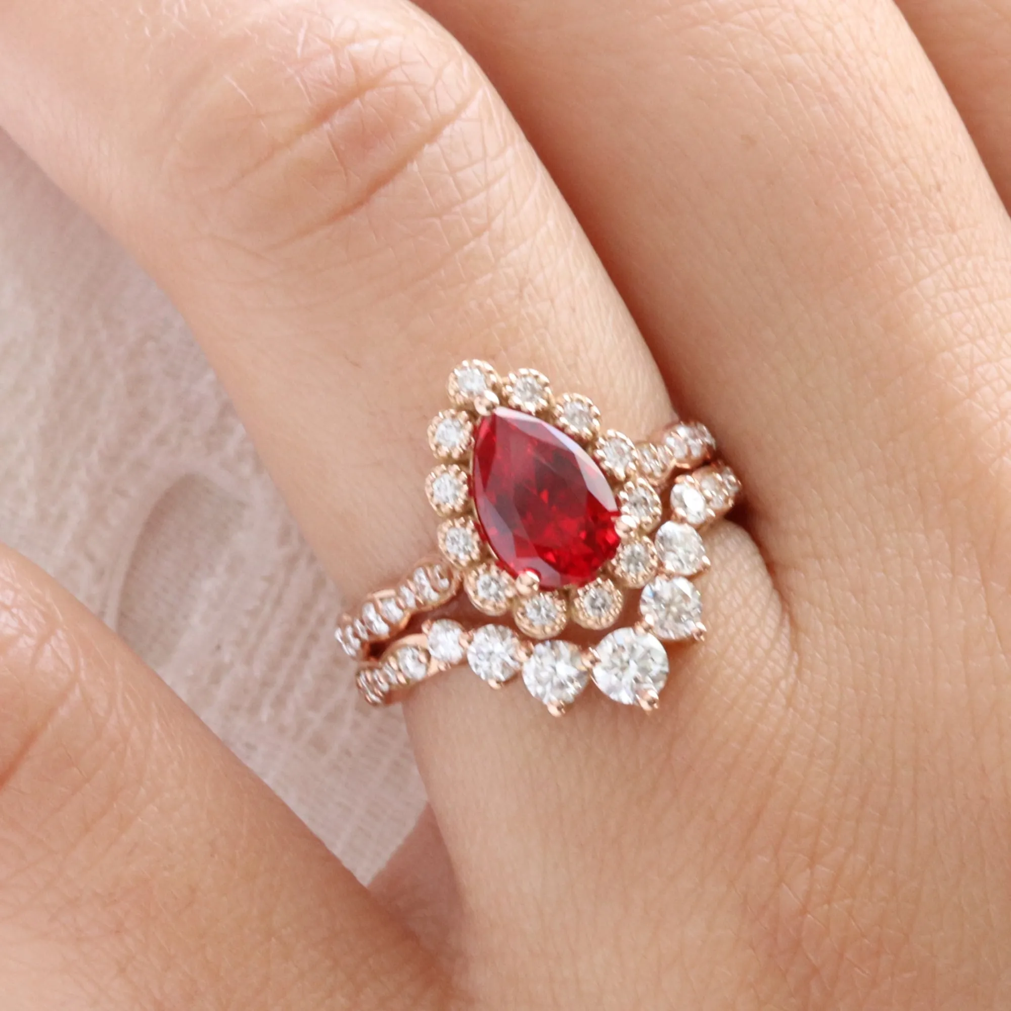 Pear Ruby Engagement Ring in Vintage Luna Halo Diamond Ring