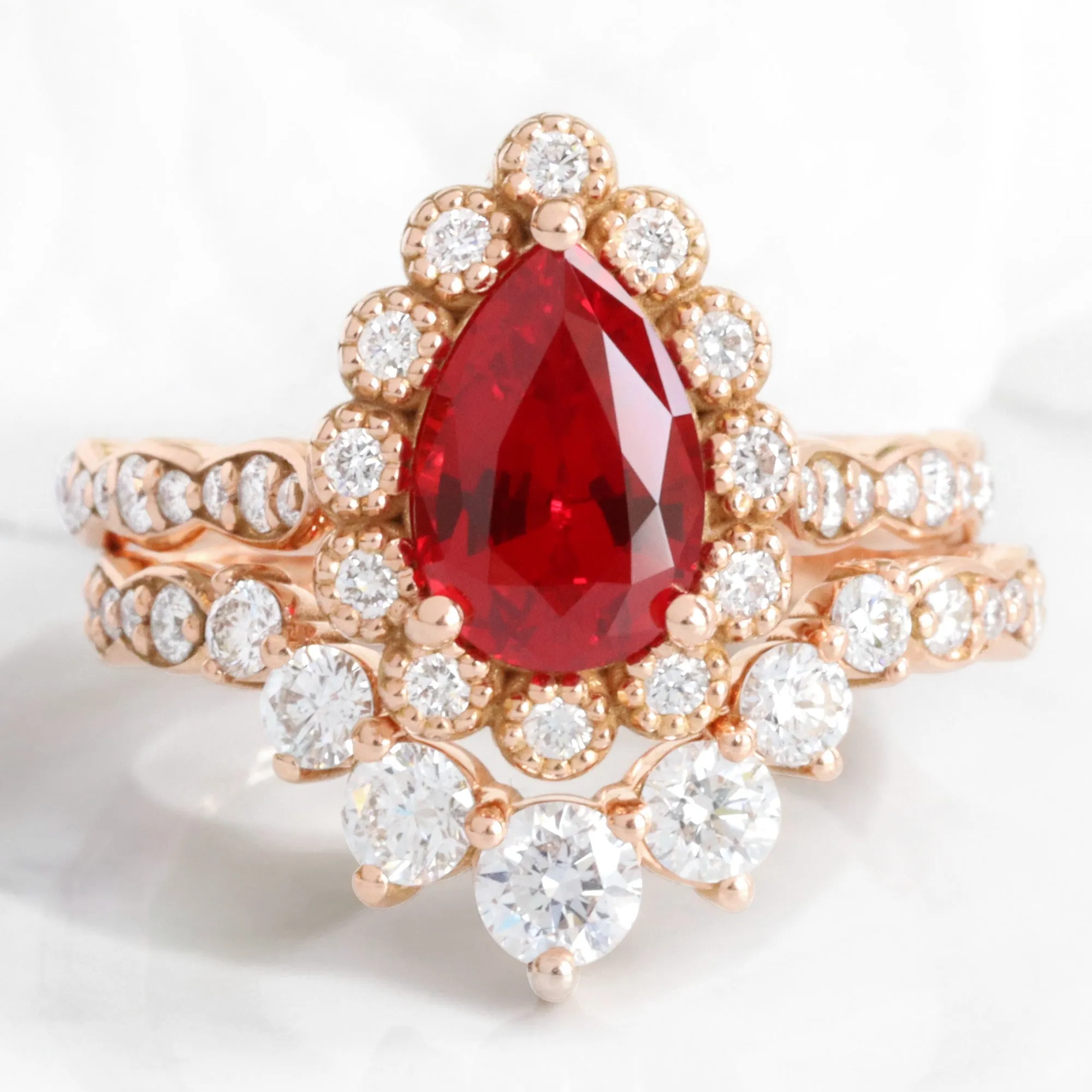Pear Ruby Engagement Ring in Vintage Luna Halo Diamond Ring