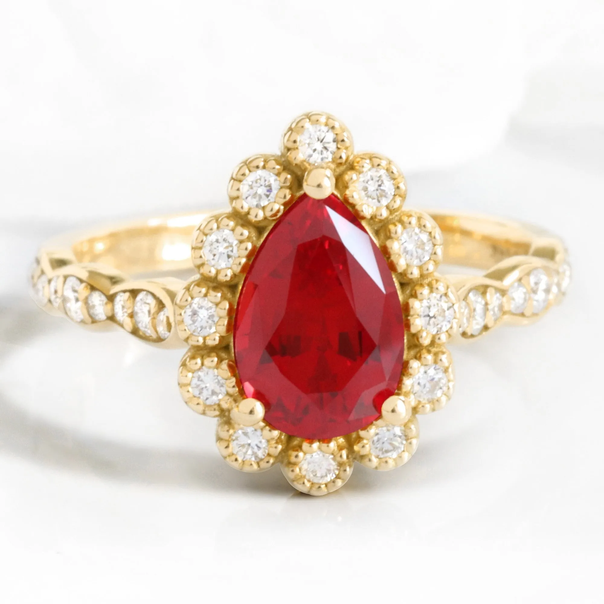 Pear Ruby Engagement Ring in Vintage Luna Halo Diamond Ring