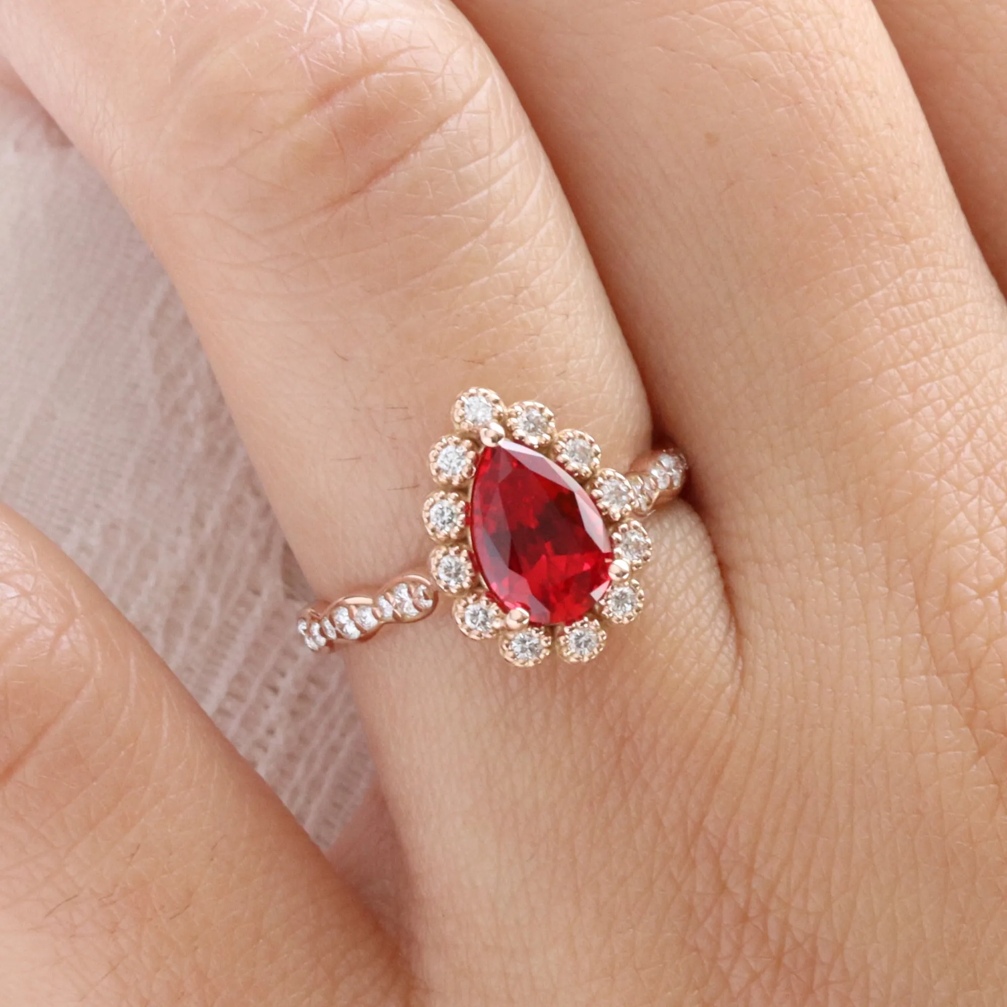 Pear Ruby Engagement Ring in Vintage Luna Halo Diamond Ring
