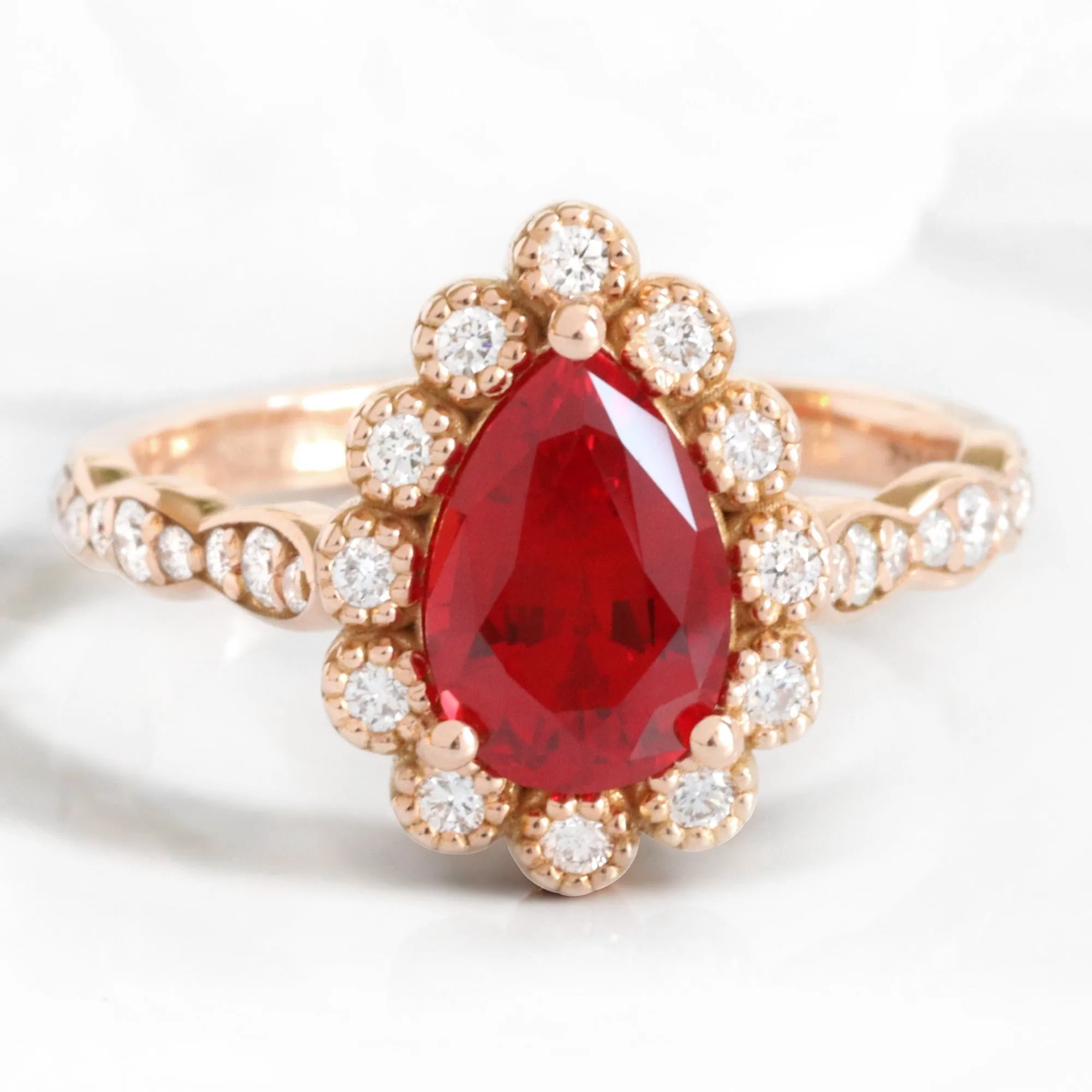 Pear Ruby Engagement Ring in Vintage Luna Halo Diamond Ring