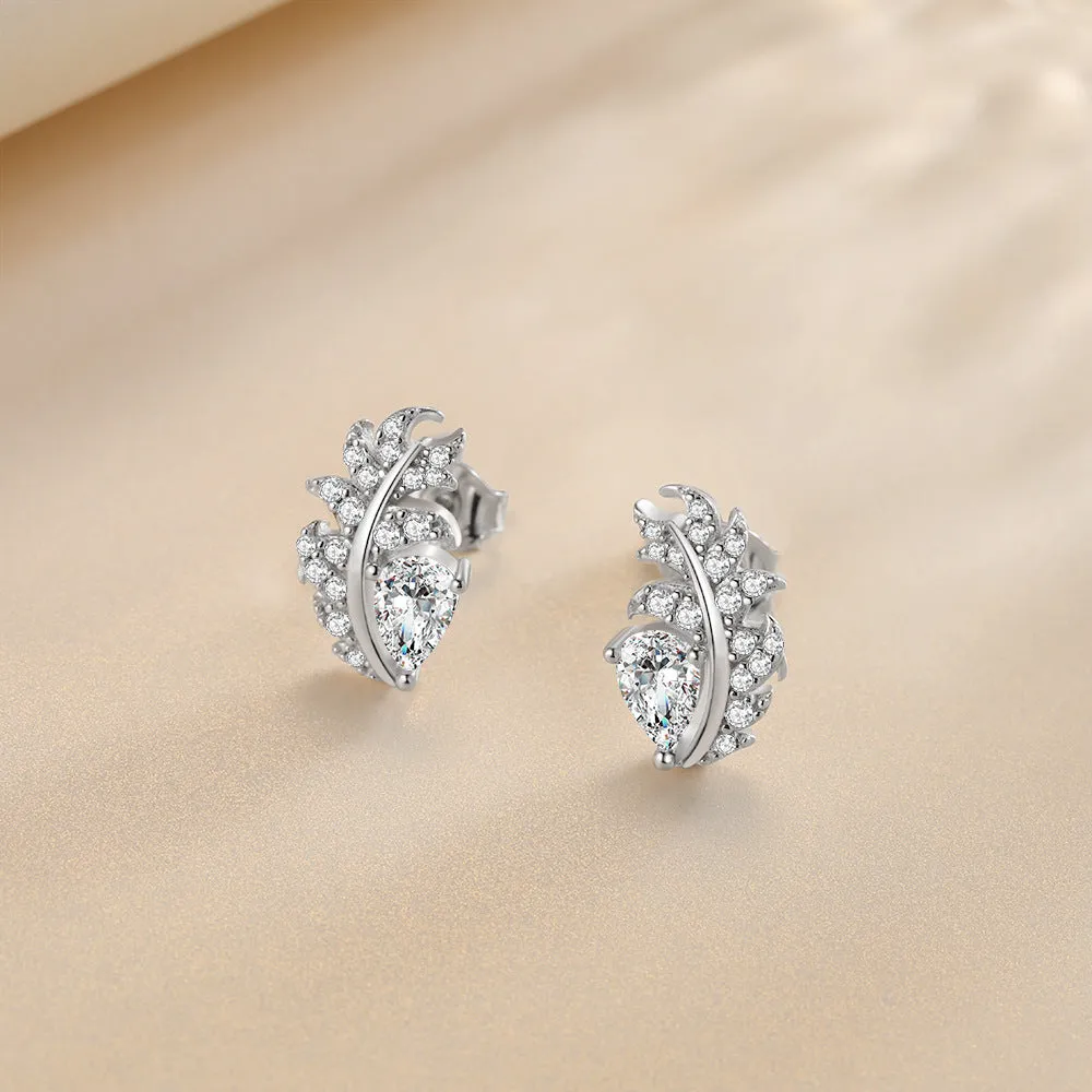 Pear Shape Zircon Feather Sterling Silver Stud Earrings