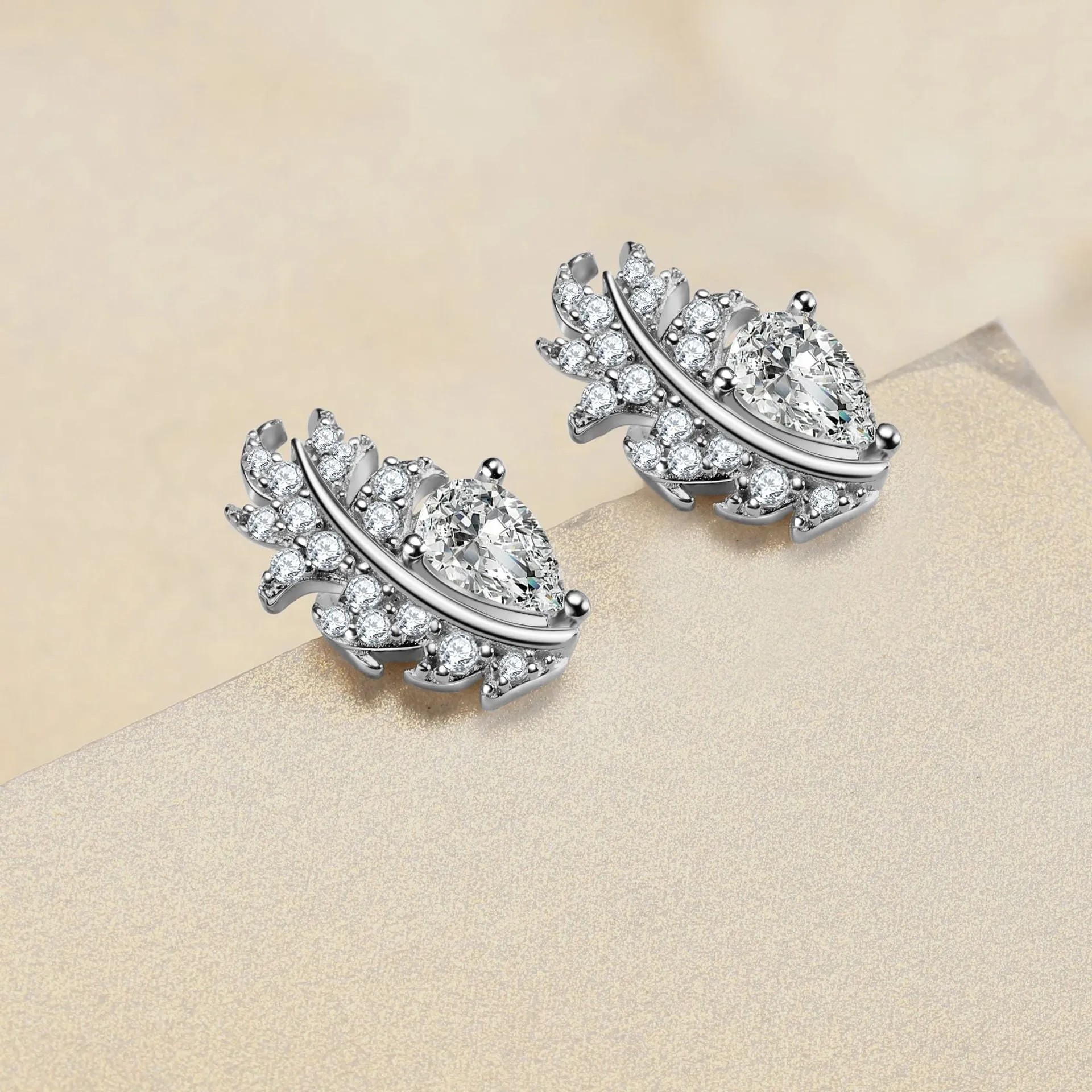 Pear Shape Zircon Feather Sterling Silver Stud Earrings