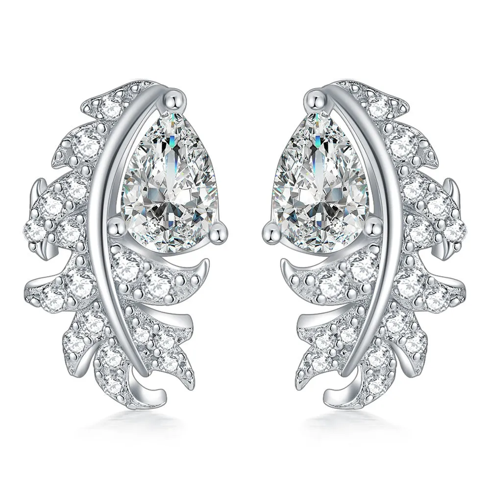 Pear Shape Zircon Feather Sterling Silver Stud Earrings