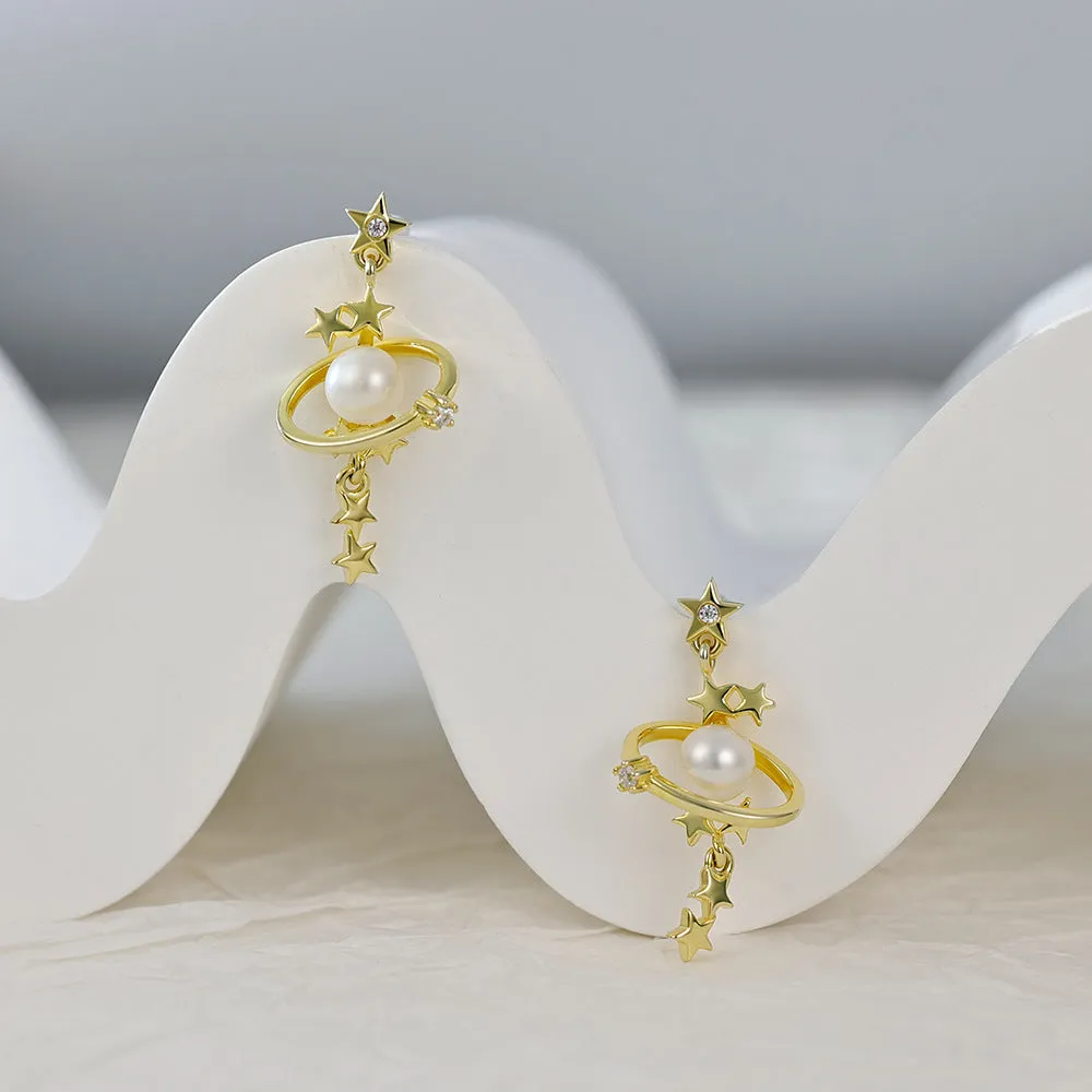 Pearl Saturn with Zircon Tassel Stars Silver Drop Earrings for Women