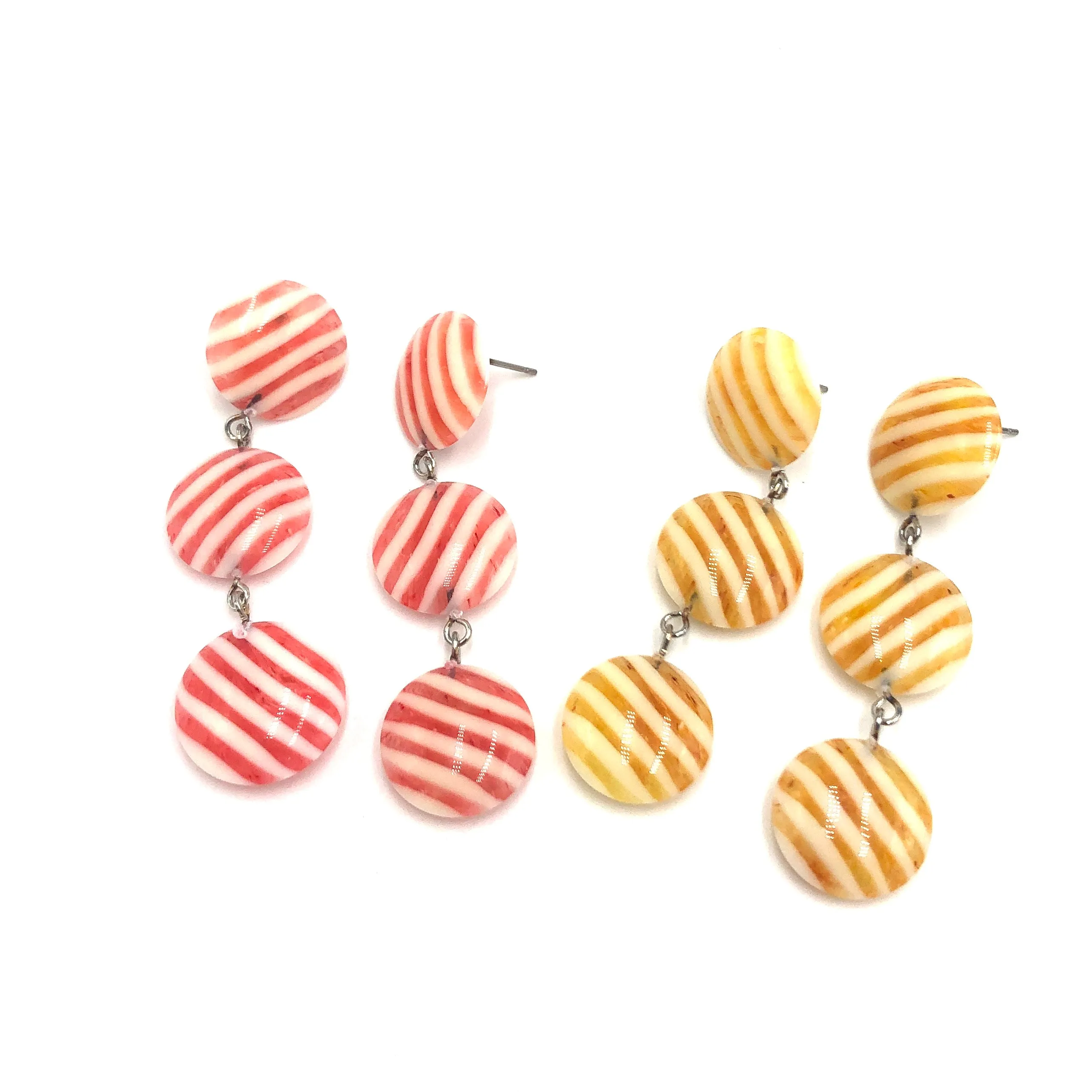 Pink & Cream Stripe Tri Dot Earrings