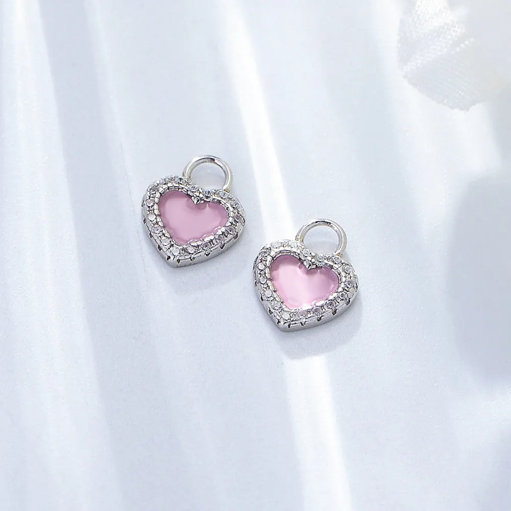 Pink Heart-shaped with Zircon Pendant Silver Drop Earrings for Women